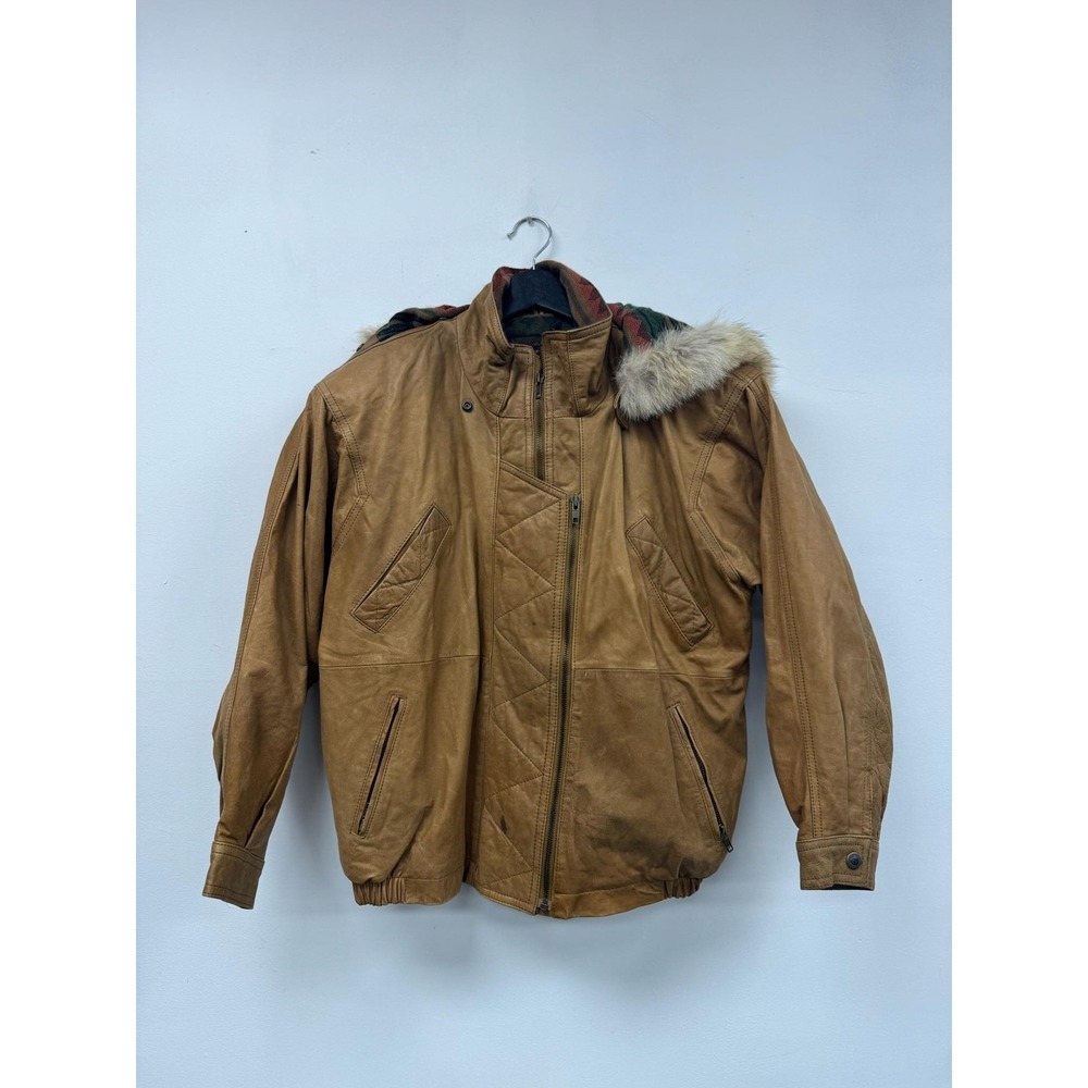 VTG Winlit Leather Jacket Mens Large Brown Hooded Faux Fur Lined Bomber Coat 90s